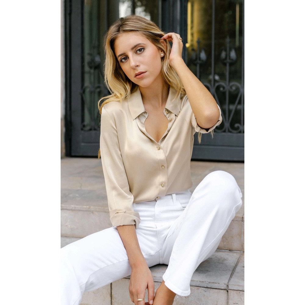 Ravella Silk Blouse Womens Large Champagne Gold Button Down Long Sleeve